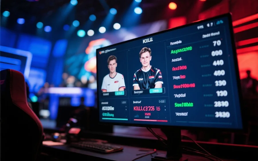 电子竞技比赛数据面板特写,显示关键选手的击杀、助攻、输出等详细数据,背景为电竞赛事现场